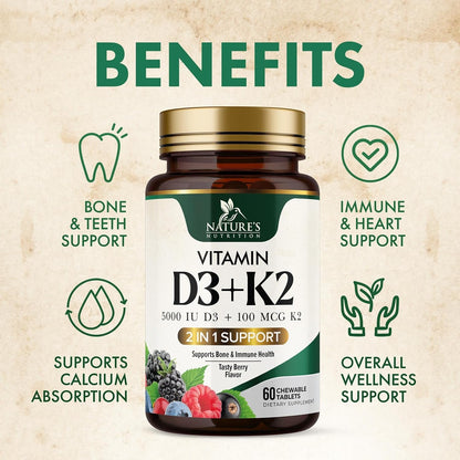 Vitamin D3 K2 Supplement | 5000 IU D3 + 100 mcg K2 (MK-7) | Chewable Berry Flavour | Non-GMO | 60 Tablets