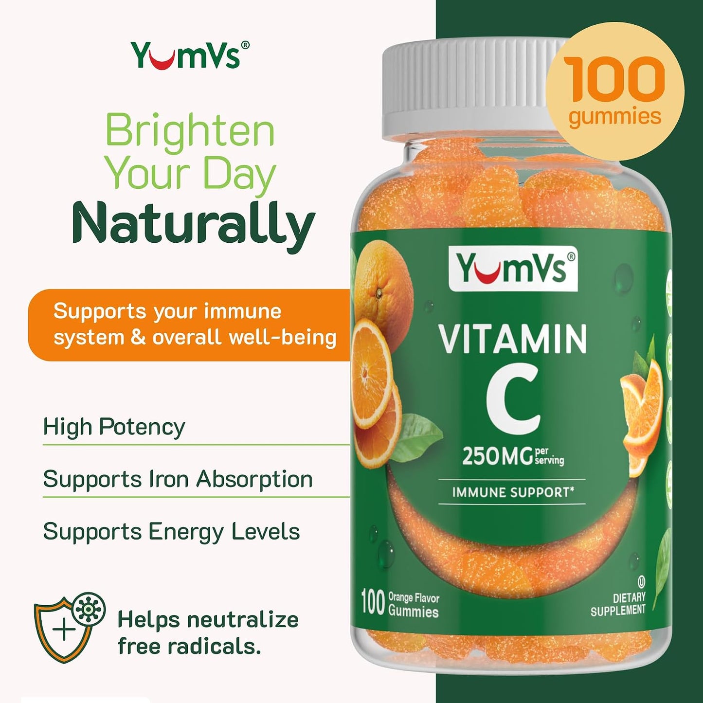 YUM-V'S Vitamin C Gummies for Adults - 250 mg Orange Flavour - Immune Function Support (100 Count) - görsel 3