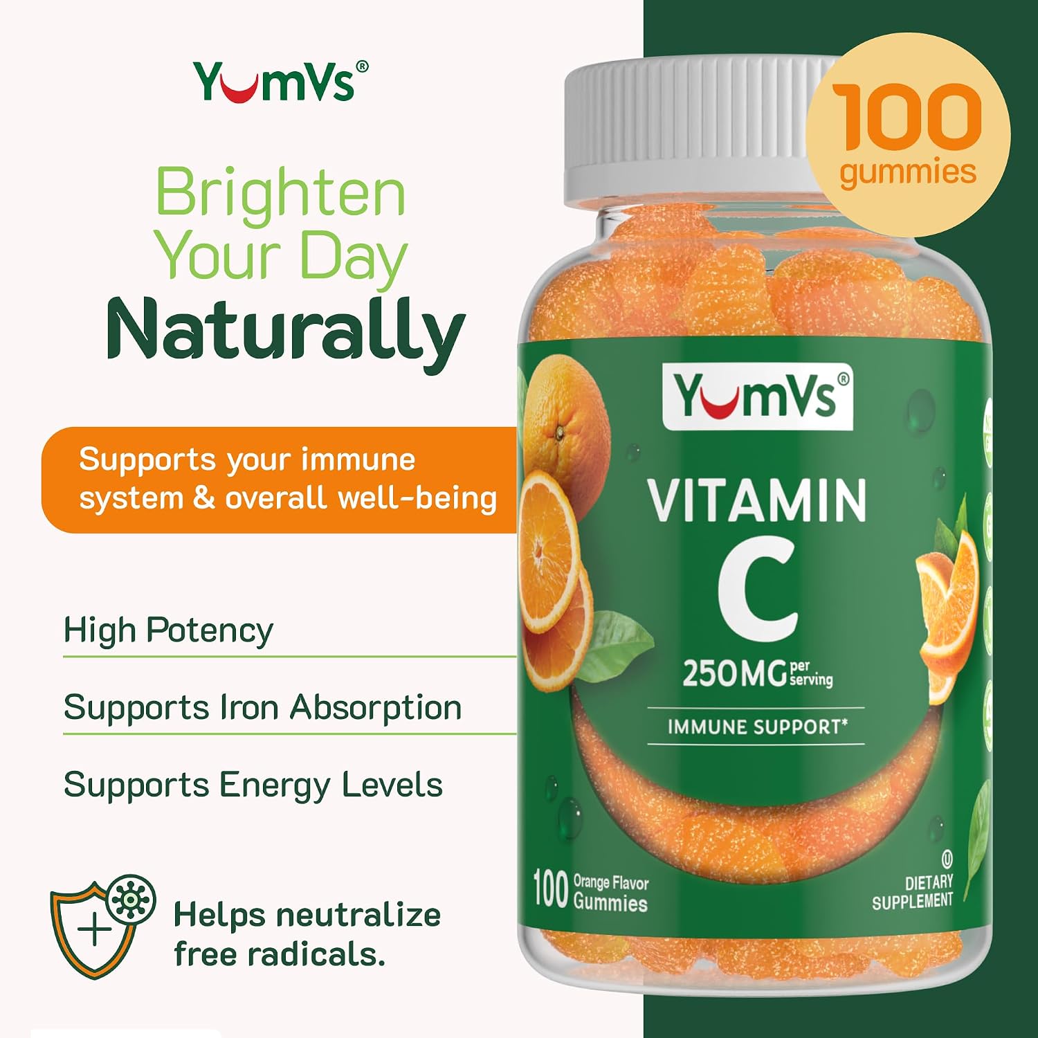 YUM-V'S Vitamin C Gummies for Adults - 250 mg Orange Flavour - Immune Function Support (100 Count) - görsel 3
