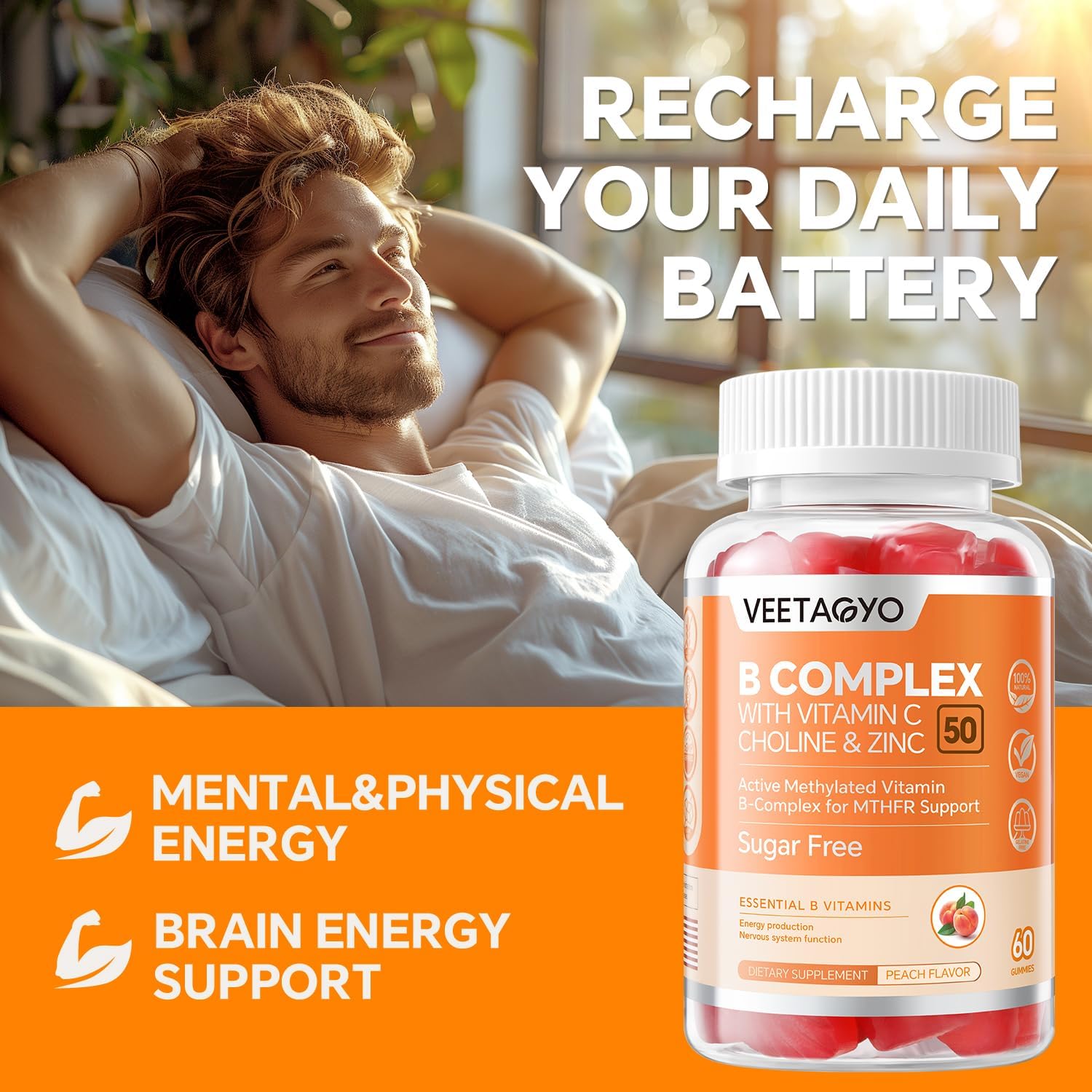 VEETAGYO B Complex 50 Gummies – Methylated B-Complex with Vitamin C, Choline & Zinc, Sugar Free, 120 Count - görsel 5