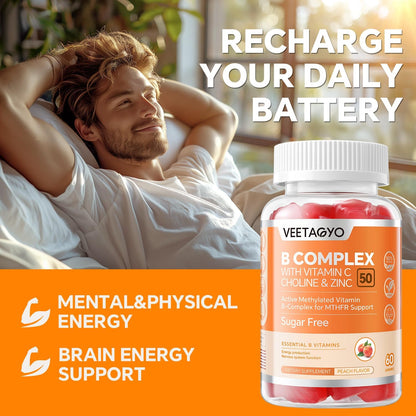 VEETAGYO B Complex 50 Gummies – Methylated B-Complex with Vitamin C, Choline & Zinc, Sugar Free, 120 Count