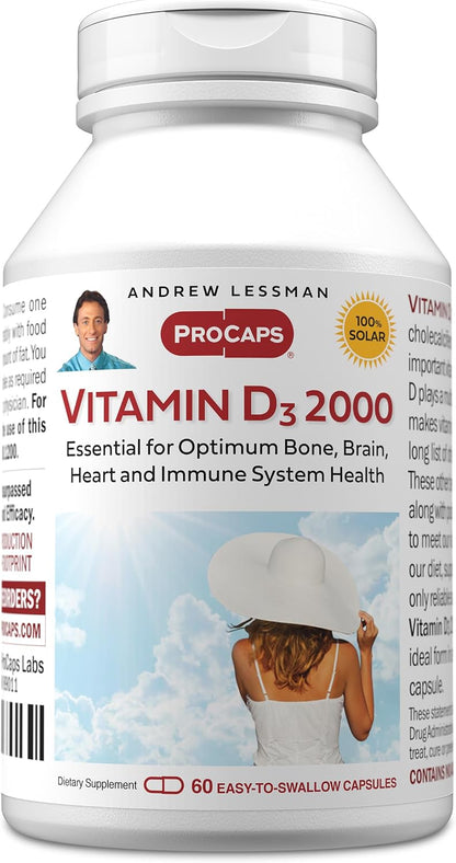 ANDREW LESSMAN Vitamin D3 2000 IU 60 Capsules - High Potency Supplement for Bone, Immune and Muscle Health