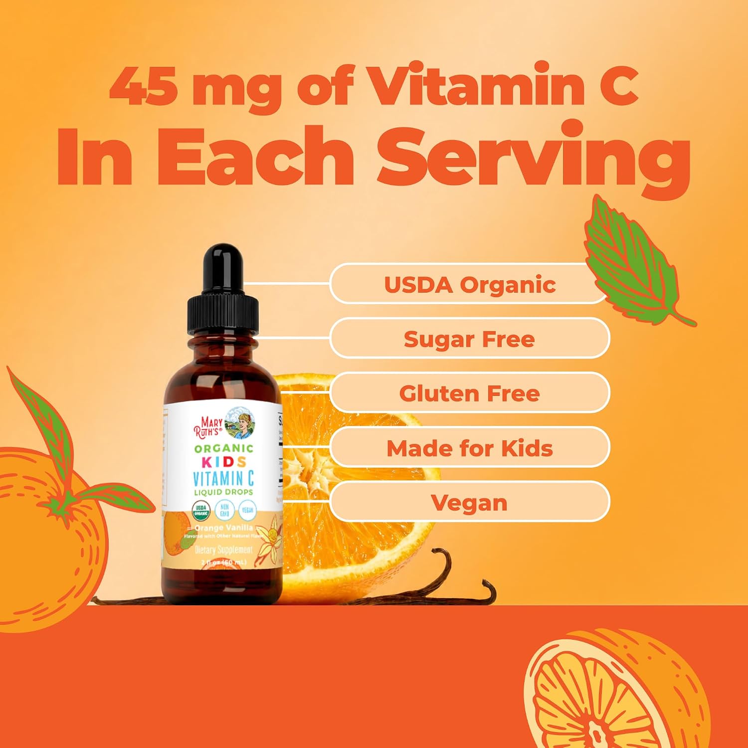 MaryRuth's Organic Children's Vitamin C Drops – Vegan Vitamin C Immune Support Supplement for Ages 4-13 | Immune Support & Overall Health | Vitamin C from Organic Acerola Fruit Extract | 60ml - görsel 6
