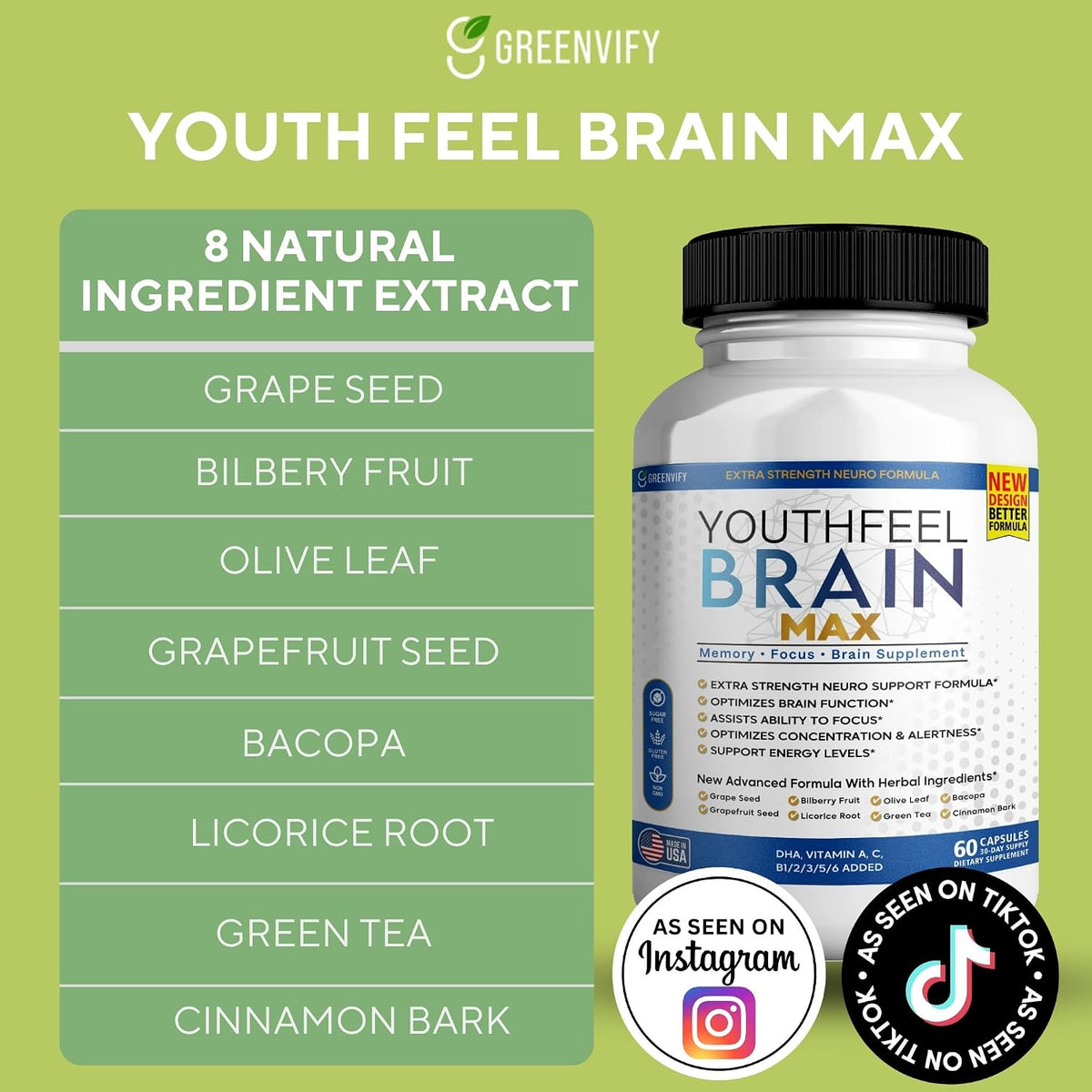 Youthfeel Brain Max Extra Strength Cognitive Focus and Clarity Formula, 60 Capsules - görsel 3