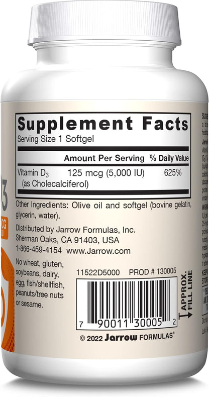 Jarrow Formulae Vitamin D3 125 mcg (5000 IU) Softgels – 100 Softgels