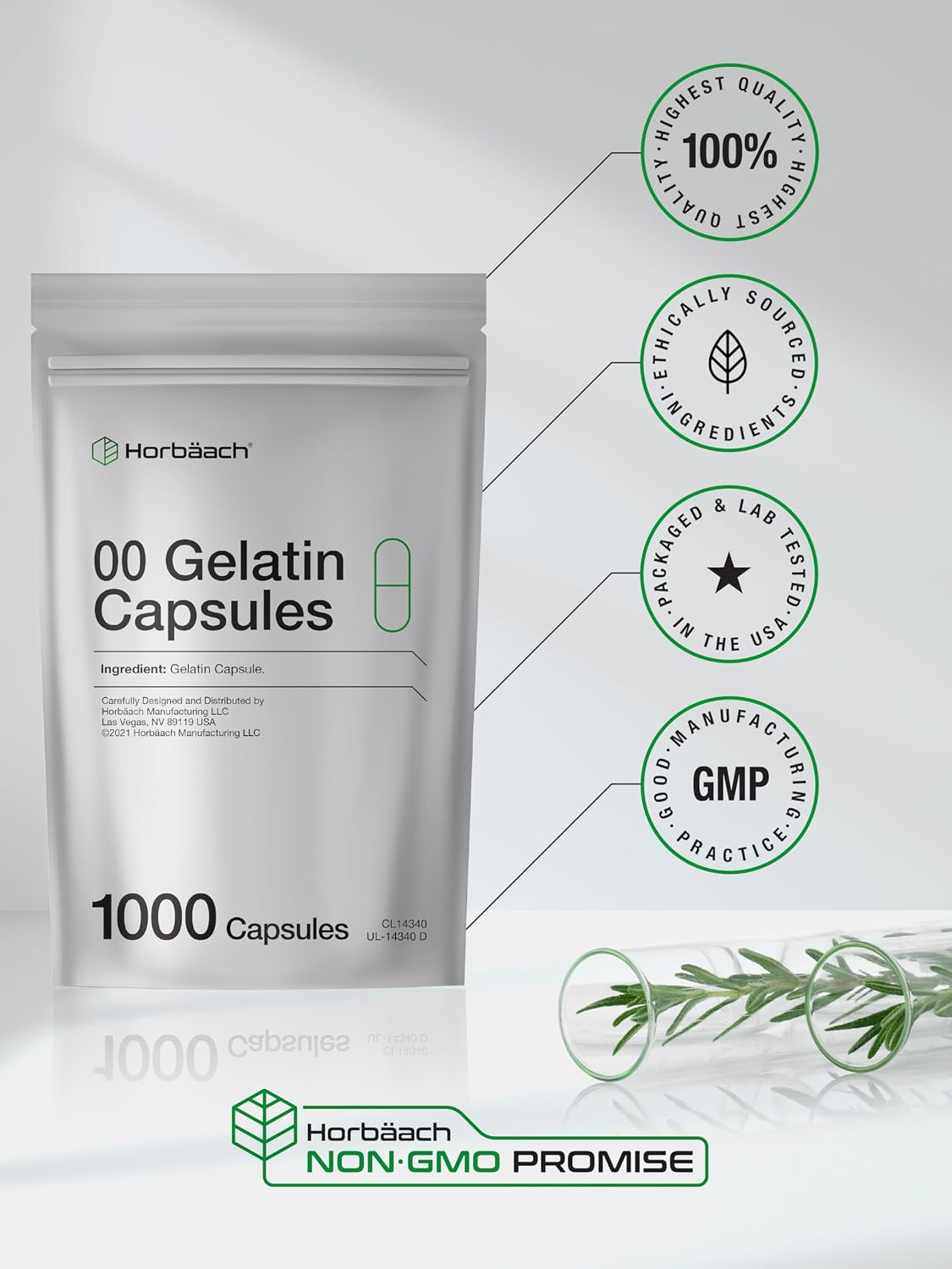 Empty Capsules Size 00 - 1000 Clear Gelatine Capsules - Resealable Bag - Non-GMO, Gluten-free - Horbaach - görsel 4