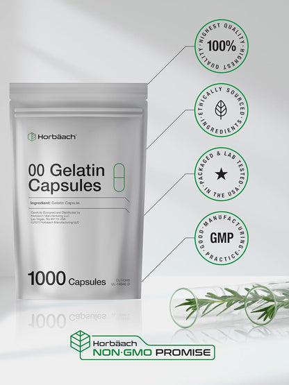 Empty Capsules Size 00 - 1000 Clear Gelatine Capsules - Resealable Bag - Non-GMO, Gluten-free - Horbaach