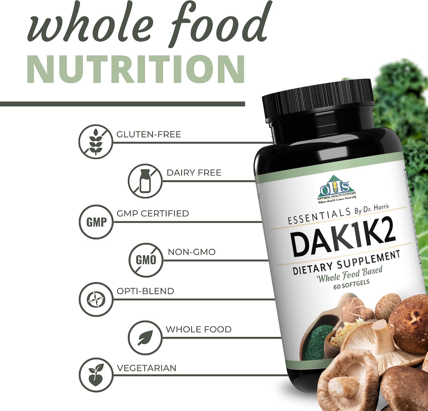 Optimal Health Systems Essential DAK1K2 | Vitamin D3 + A + K1 + K2 Immune Support, Bone Health, & Heart Health | Vitamin D with MK-7 | 5000 IU | (Non-GMO, Whole Food, Gluten-Free) 60 Soft gel capsule Capsules - görsel 4