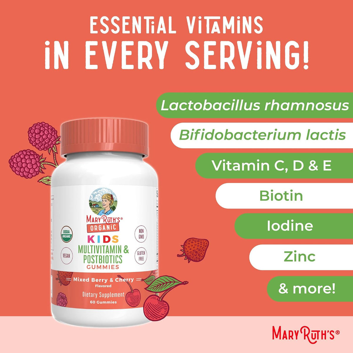 MaryRuth's Organic Kids Multivitamin + Postbiotic Gummies, Ages 4 and Over, 60 Gummies - görsel 7