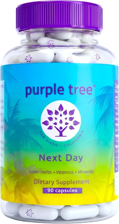 Purple Tree Next Day – Morning Post-Drink Wellness Supplement | Ashwagandha KSM-66, Milk Thistle, Ginger, Peppermint, Electrolytes & Vitamins | 90 Capsules