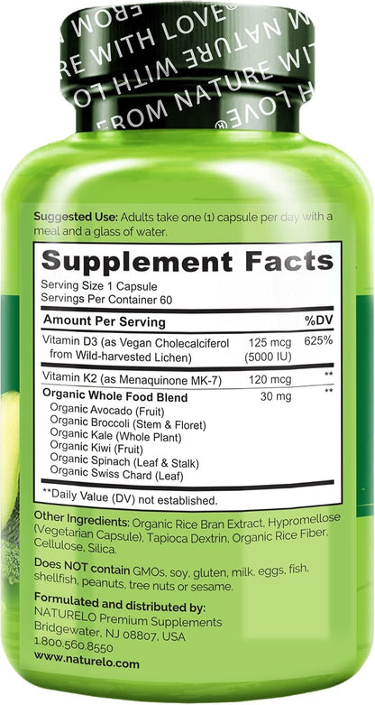 NATURELO Vitamin D3 K2 - Vegan D3 from Lichen with K2 MK-7, 120 Capsules (2-Pack)