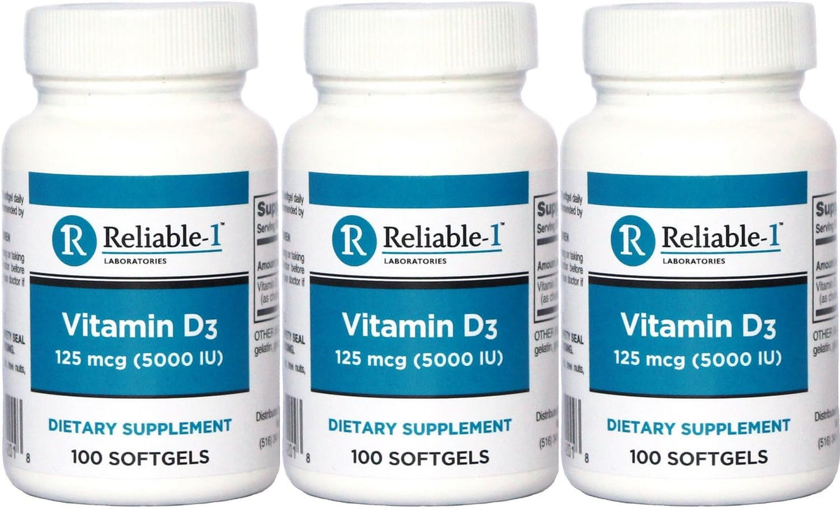 Reliable 1 Vitamin D3 5000 IU Softgels – High Potency Supplement for Men and Women – 100 Softgels per Bottle (3-Pack) - görsel 1