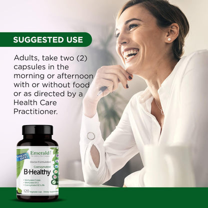 EMERALD LABS B-Healthy - Vegan Vitamin B Complex - Includes Methylated Folate & Full Spectrum B Vitamins - Contributes to Normal Energy Metabolism, Immune Function & Psychological Function* - 120 Vegetable Capsules