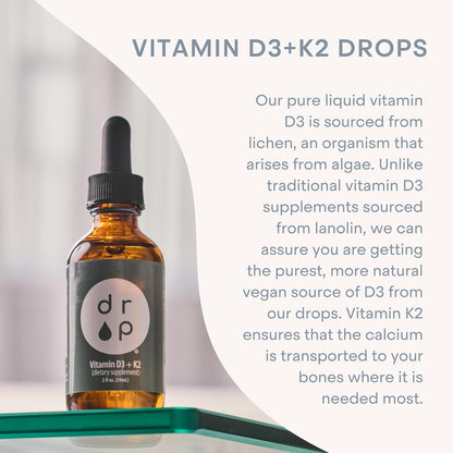 Drop Vitamin D3 + K2 Liquid Drops - 1000 IU Vegan D3 from Lichen, 45 mcg K2 (MK-4 & MK-7) with Organic MCT Oil, 59 ml