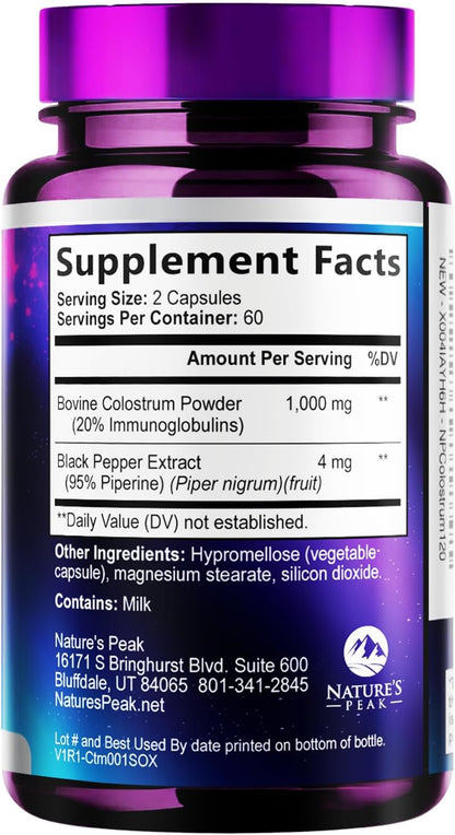 Nature's Peak Bovine Colostrum Supplement 1000mg – 20% Immunoglobulins (IgG) for Immune and Gut Support, 120 Capsules