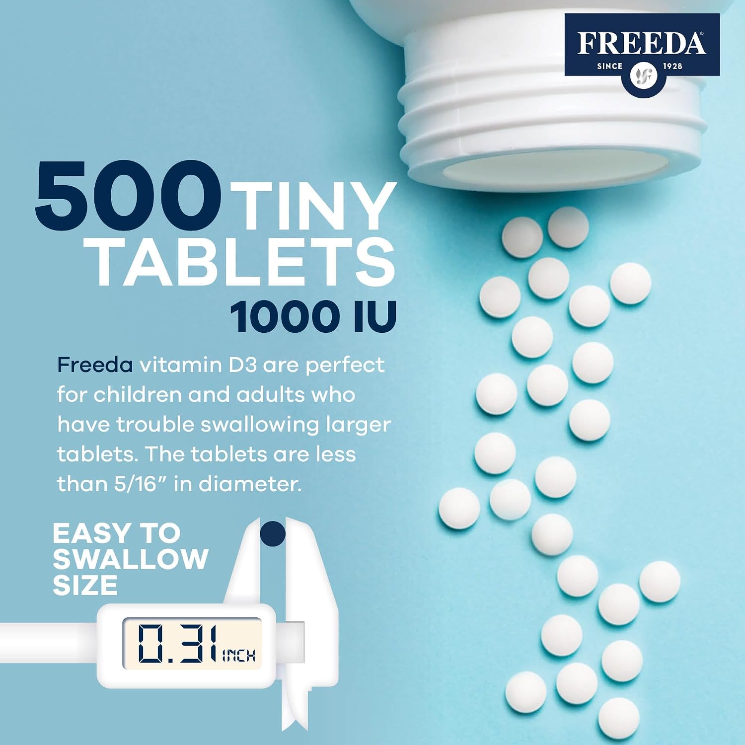 FREEDA Pure Vitamin D3 1000 IU – Daily Maintenance Dose – Bone Health, Joint, Muscle & Immune Support – 25 mcg 1,000 IU Easy-to-Swallow (500 Tiny Tablets) - görsel 8