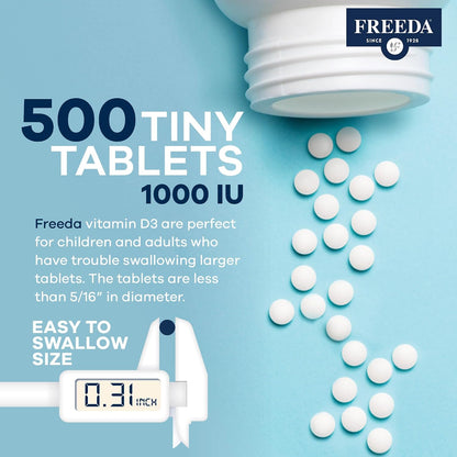 FREEDA Pure Vitamin D3 1000 IU – Daily Maintenance Dose – Bone Health, Joint, Muscle & Immune Support – 25 mcg 1,000 IU Easy-to-Swallow (500 Tiny Tablets)