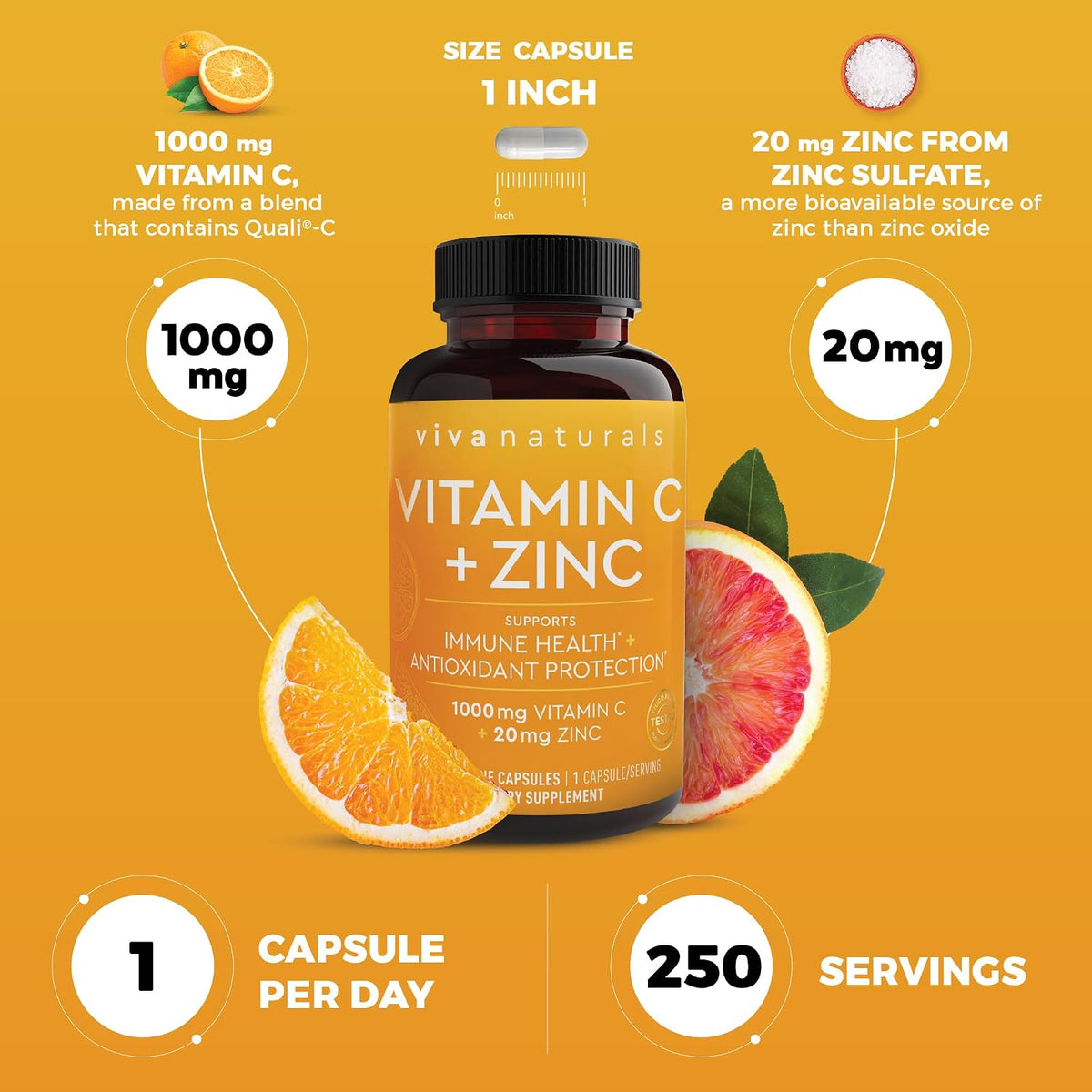 Viva Naturals Vitamin C and Zinc 1000mg with 20mg Zinc – 250 Vegetable Capsules – Image 4