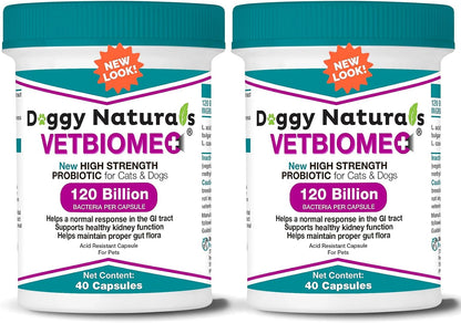 Vetbiome Plus High Strength Probiotics for Pets (80 Capsules) - 120 Billion CFU, 9-Strain Formula – Third-party Tested - Made in the USA