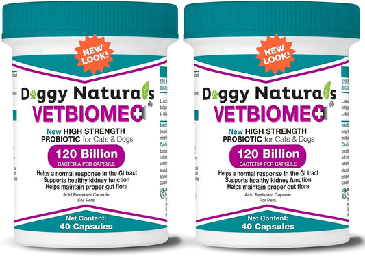 Vetbiome Plus High Strength Probiotics for Pets (80 Capsules) - 120 Billion CFU, 9-Strain Formula – Third-party Tested - Made in the USA