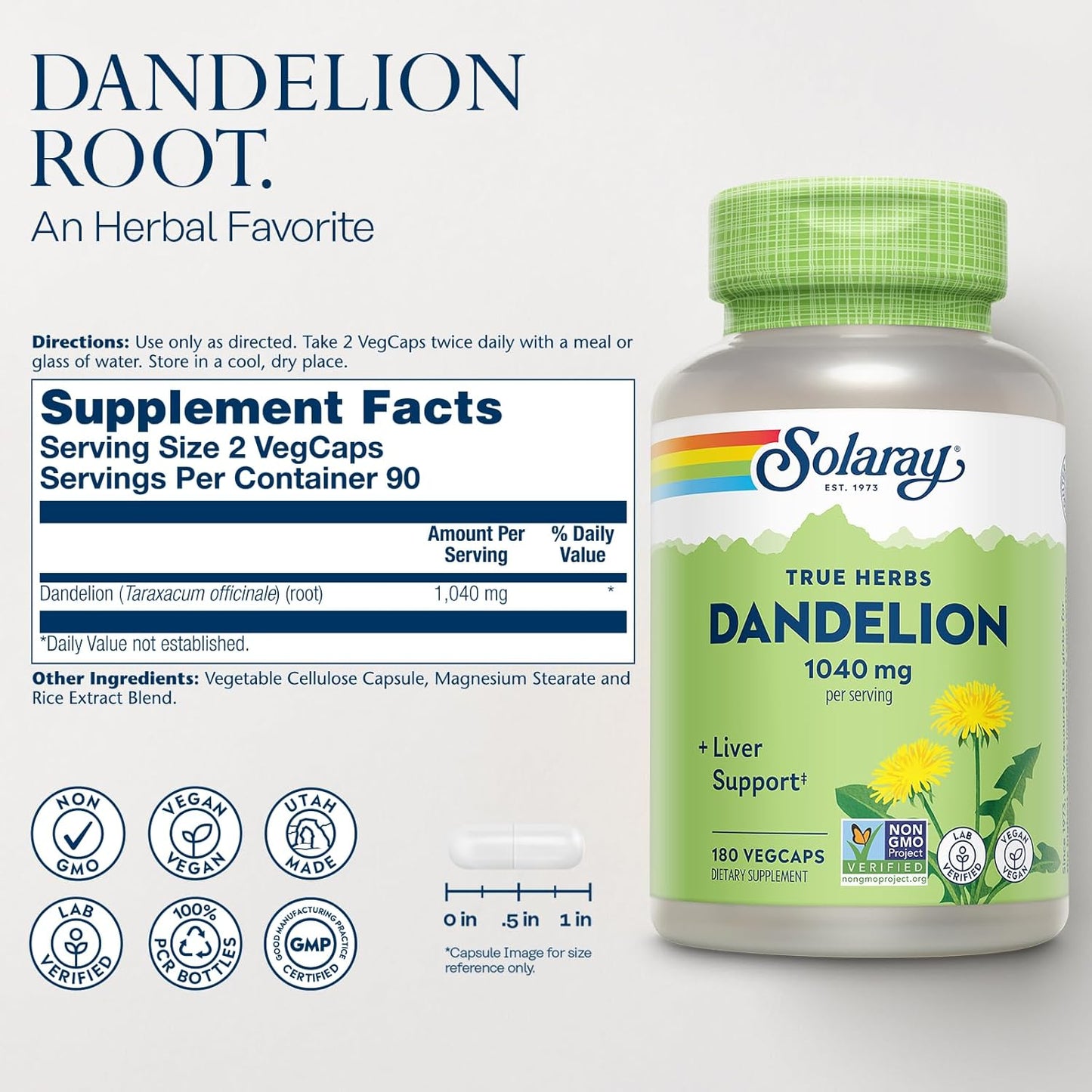 Solaray Dandelion Root 1040 mg – Natural Herbal Food Supplement for Women and Men, Non GMO Project Verified, 60 Vegan Capsules - görsel 2