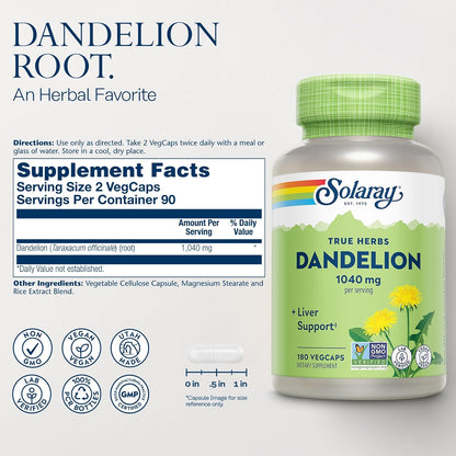 Solaray Dandelion Root 1040 mg – Natural Herbal Food Supplement for Women and Men, Non GMO Project Verified, 60 Vegan Capsules