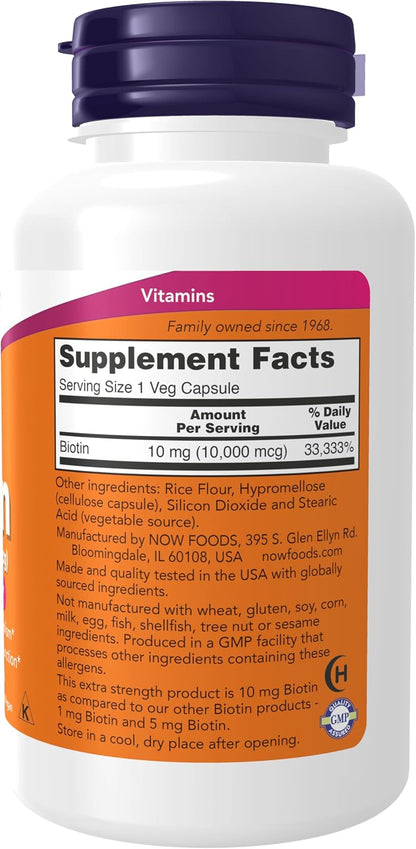 NOW Foods Biotin 10 mg (10,000 mcg), Extra Strength, 120 Veg Capsules