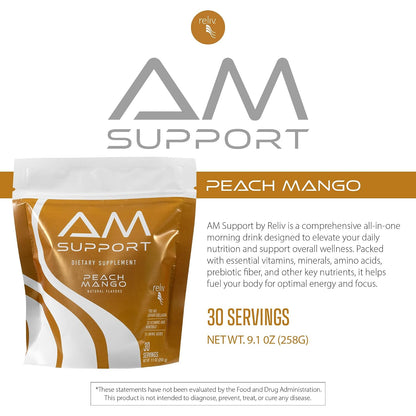 Reliv AM Support Morning Nutrition Drink Mix – Zero Calorie GLP-1 Nutritional Support with Vitamins, Minerals, Amino Acids, Prebiotic Fibre, Baobab, Ginseng & Marine Collagen - Peach & Mango - 30 Servings