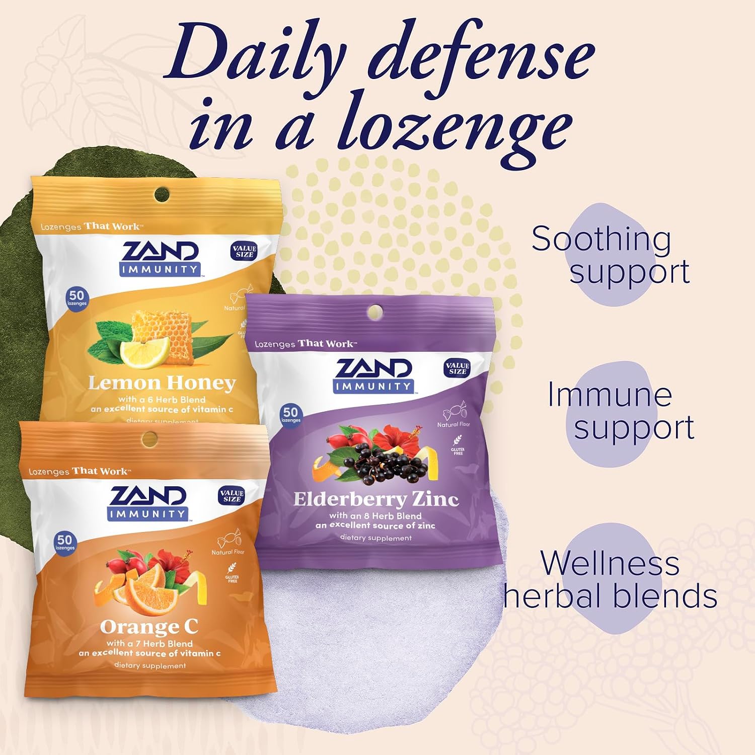 ZAND Immunity Variety 3 Pack – Lemon Honey, Elderberry Zinc & Orange C Throat Lozenges – Immune Support – 50ct each - görsel 3