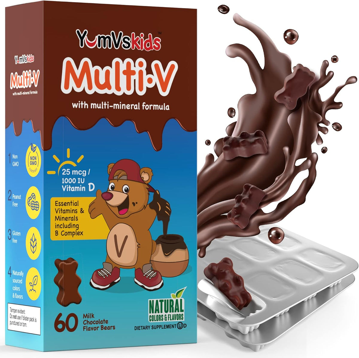 YUM-V'S Children's Multivitamin Chocolate Bears – Daily Toddler Vitamins with 16 Essential Nutrients – 60 Count - görsel 1