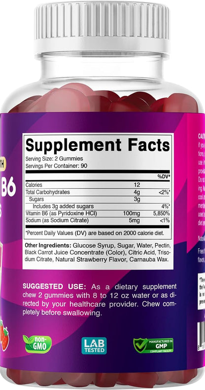 Vitabod Extra Strength Vitamin B6 Gummies 100mg – 180 Pectin-Based Gummies – Supports Energy Metabolism and Nervous System Health – Non-GMO