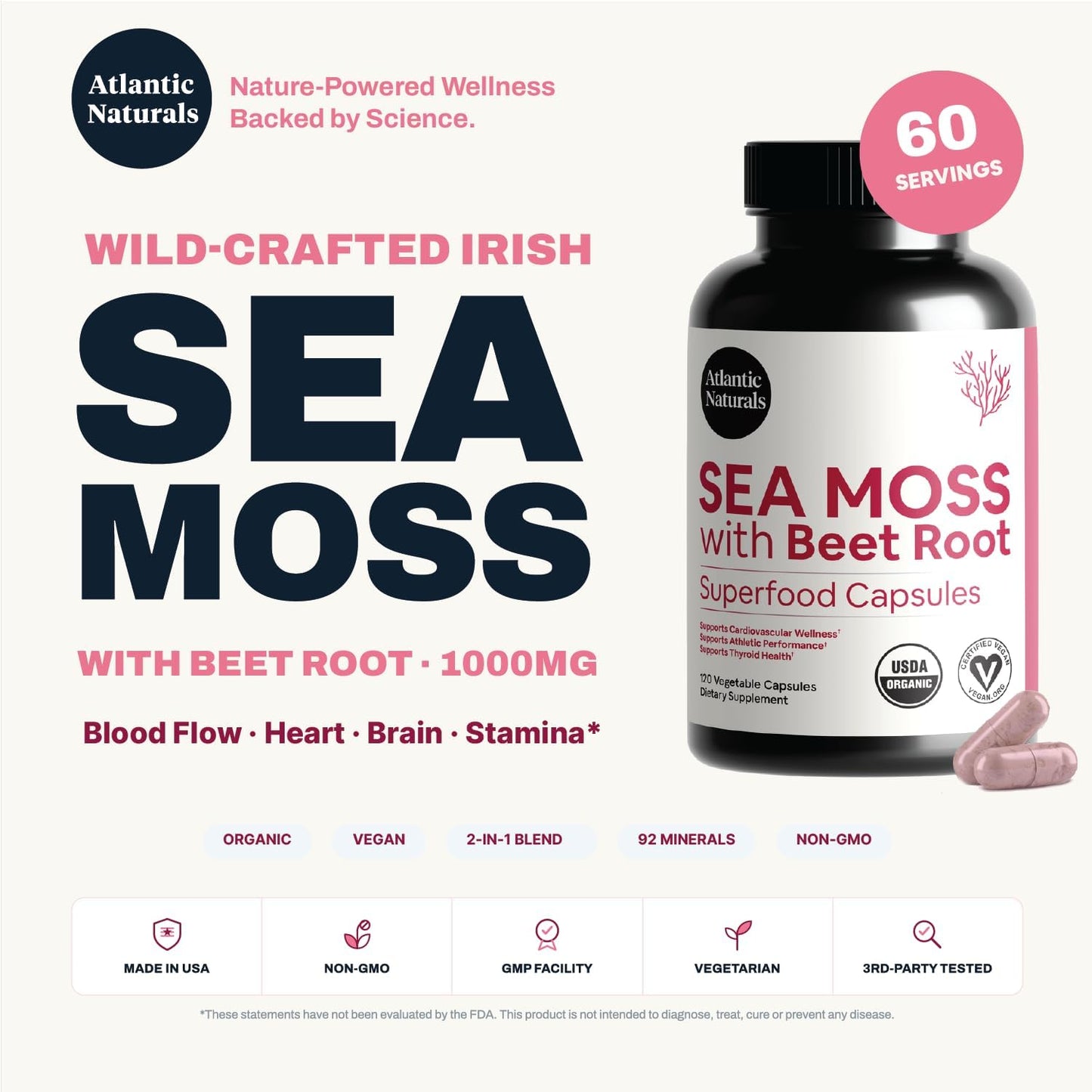 Atlantic Naturals Sea Moss with Beet Root Capsules - Premium Multivitamin Supplement for Immune Health & Energy - 120 Capsules - görsel 3