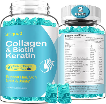 2 Pack Biotin Gummies with Collagen, Keratin, Hyaluronic Acid, Vitamins for Skin, Hair Growth, Nails – Blueberry Flavoured, 120 Gummies