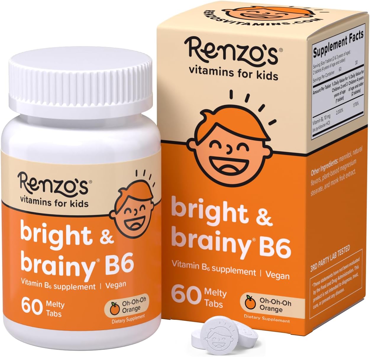 Renzo's Bright & Brainy Vitamin B6, Dissolving Kids Vitamin B6, 60 Sugar-Free Melty Tabs, Oh Oh Oh Orange Flavoured - görsel 1