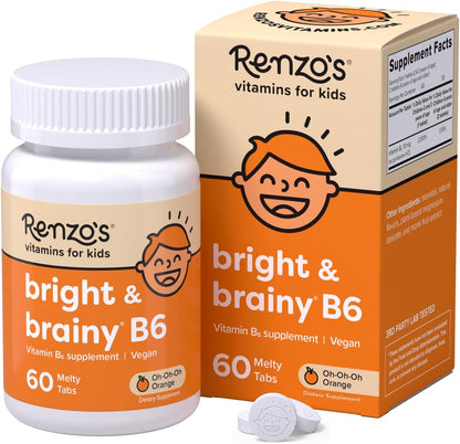 Renzo's Bright & Brainy Vitamin B6, Dissolving Kids Vitamin B6, 60 Sugar-Free Melty Tabs, Oh Oh Oh Orange Flavoured