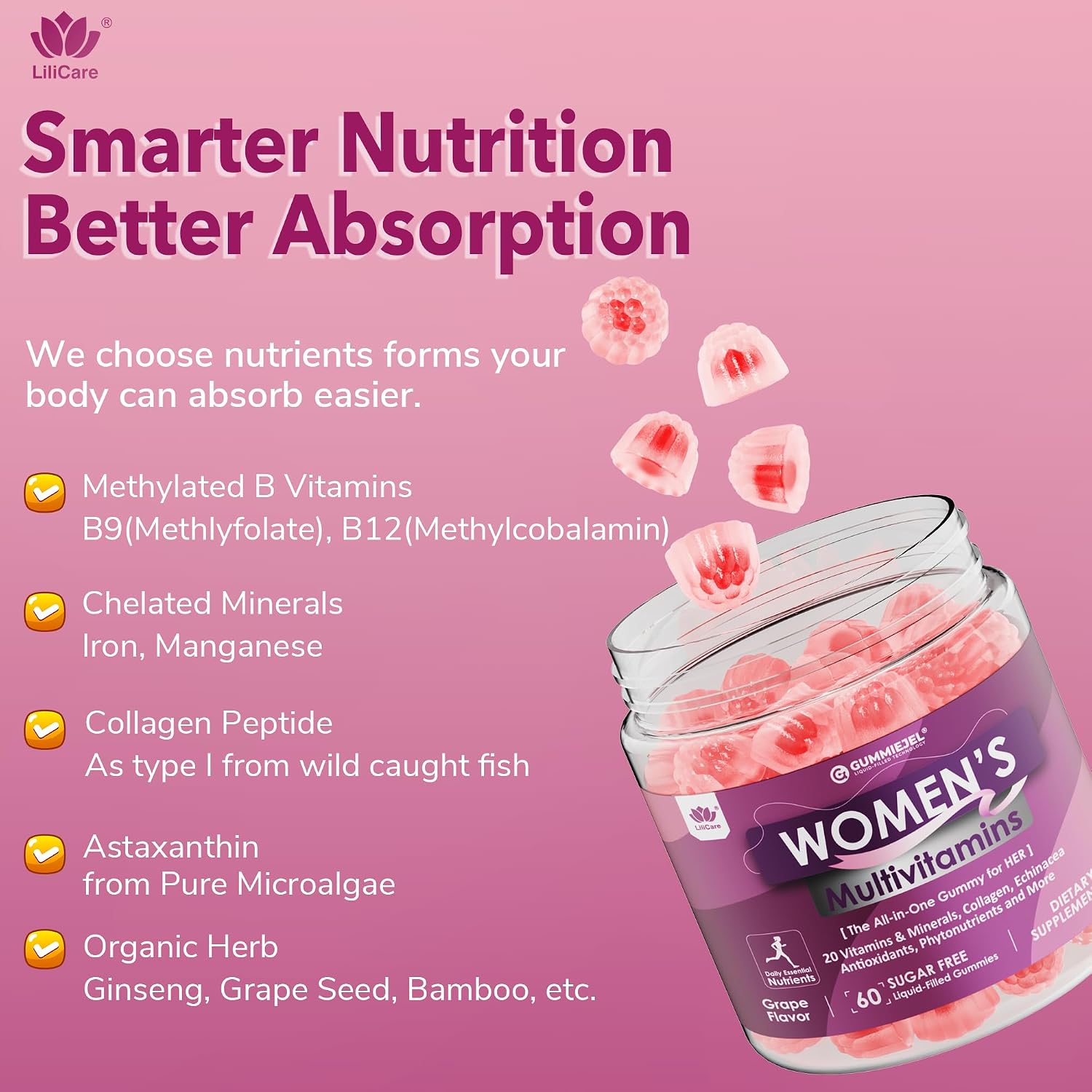 LILICARE Women's Multivitamin Gummies – Methylated Multivitamin with Biotin, Iron, Collagen, Methylfolate, B Complex, Hair, Skin and Nails Support, No Added Sugar, 60 Count - görsel 8