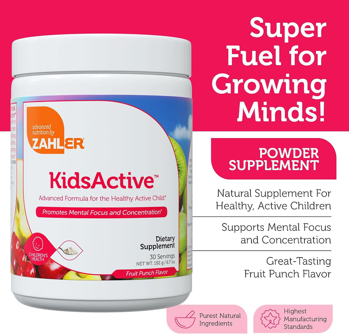 Zahler KidsActive Kids Concentration Formula Powder - All Natural - Fruit Punch - 30 Servings - görsel 2