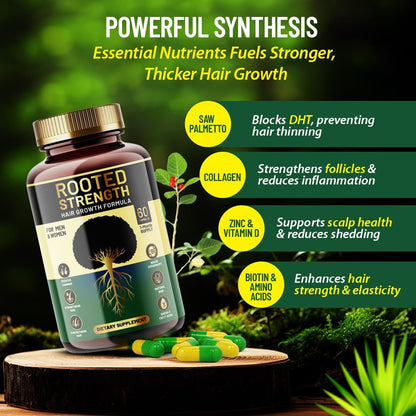 Rooted Strength Hair Growth Vitamins – Biotin with DHT Blocker and Collagen, 60 Capsules