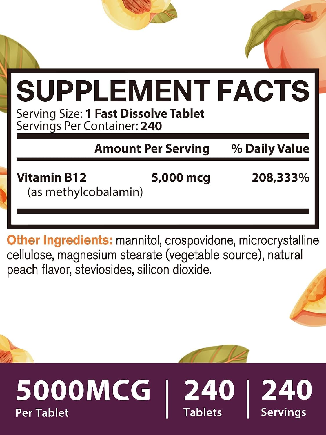 Vitacook Vitamin B12 5000mcg Methylcobalamin Sublingual Tablets - Natural Peach, Vegan, 240 Count - görsel 4