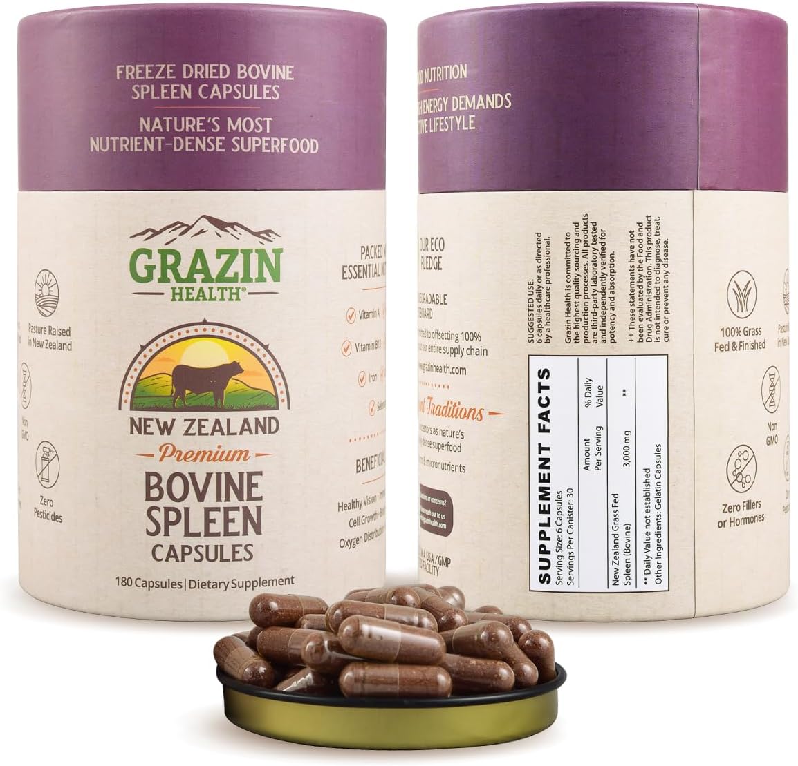 Grass Fed Bovine Spleen Capsules 3000 mg Per Serving Wholefood Organ Supplement with Naturally Occurring Peptides and Micronutrients for Daily Nutrition and Wellness Support 30 Servings - görsel 1