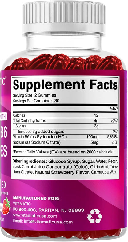 Vitamatic Vitamin B6 100mg Gummies - Berry Flavour - 60 Count (Pectin Based, Vegan, Non-GMO)