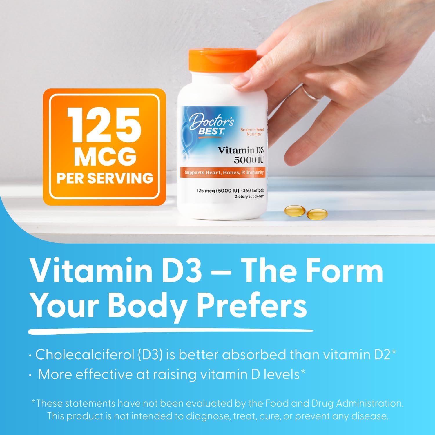 Doctor's Best Vitamin D3 5000 IU Softgels – 360 Softgels - görsel 3