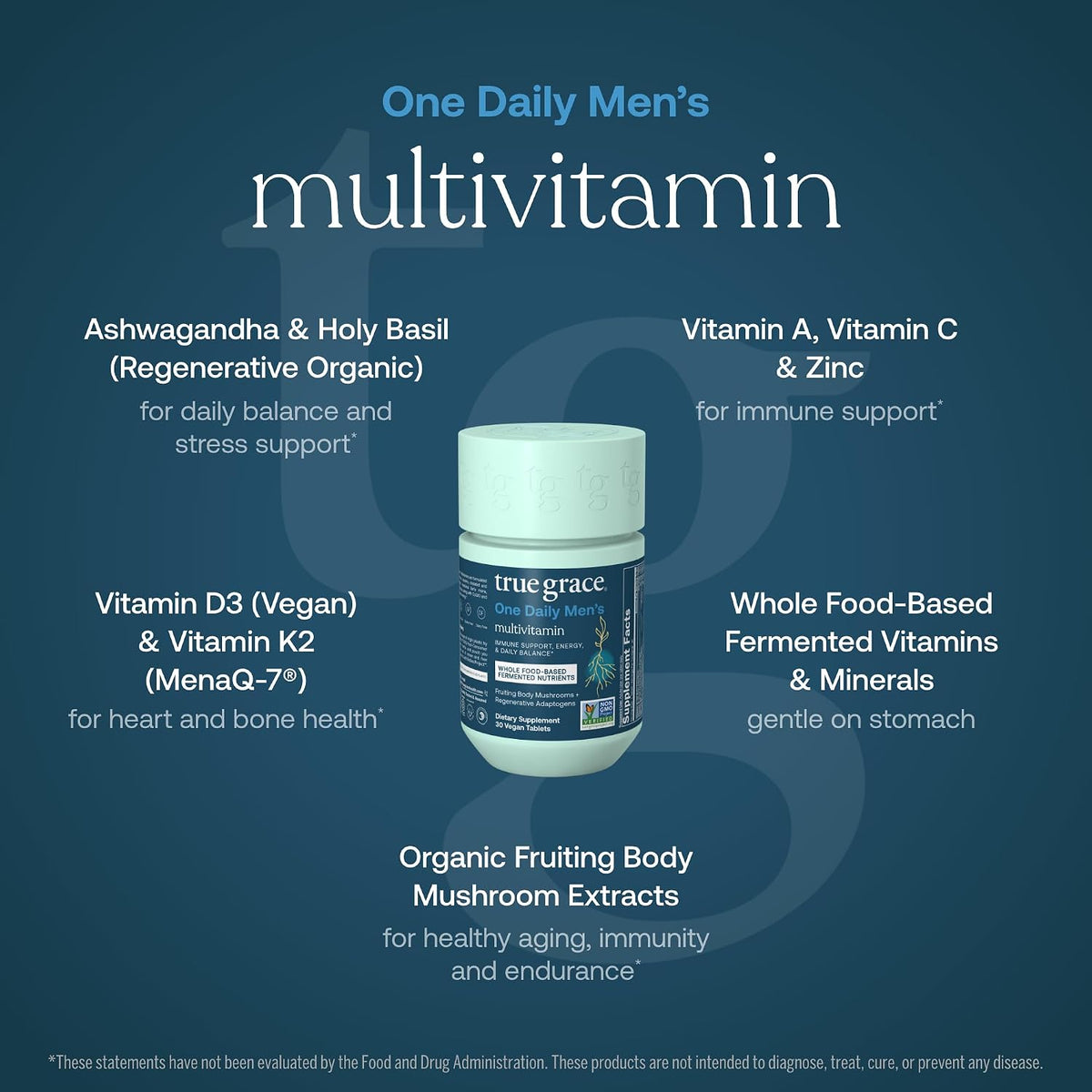 True Grace One Daily Men’s Multivitamin – With Fermented Minerals, Organic Adaptogens & Mushrooms – 30 Vegan Tablets – Image 3