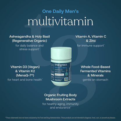 True Grace One Daily Men’s Multivitamin – With Fermented Minerals, Organic Adaptogens & Mushrooms – 30 Vegan Tablets – Image 3