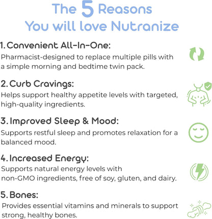 Nutranize Zone Twin-Pack Supplement System - Pharmacist-Designed Morning & Bedtime Capsules with Magnesium Glycinate, Vitamin D3, K2 MK7, Methylfolate, Chromium, Melatonin - 30 Day Supply (120 Capsules)