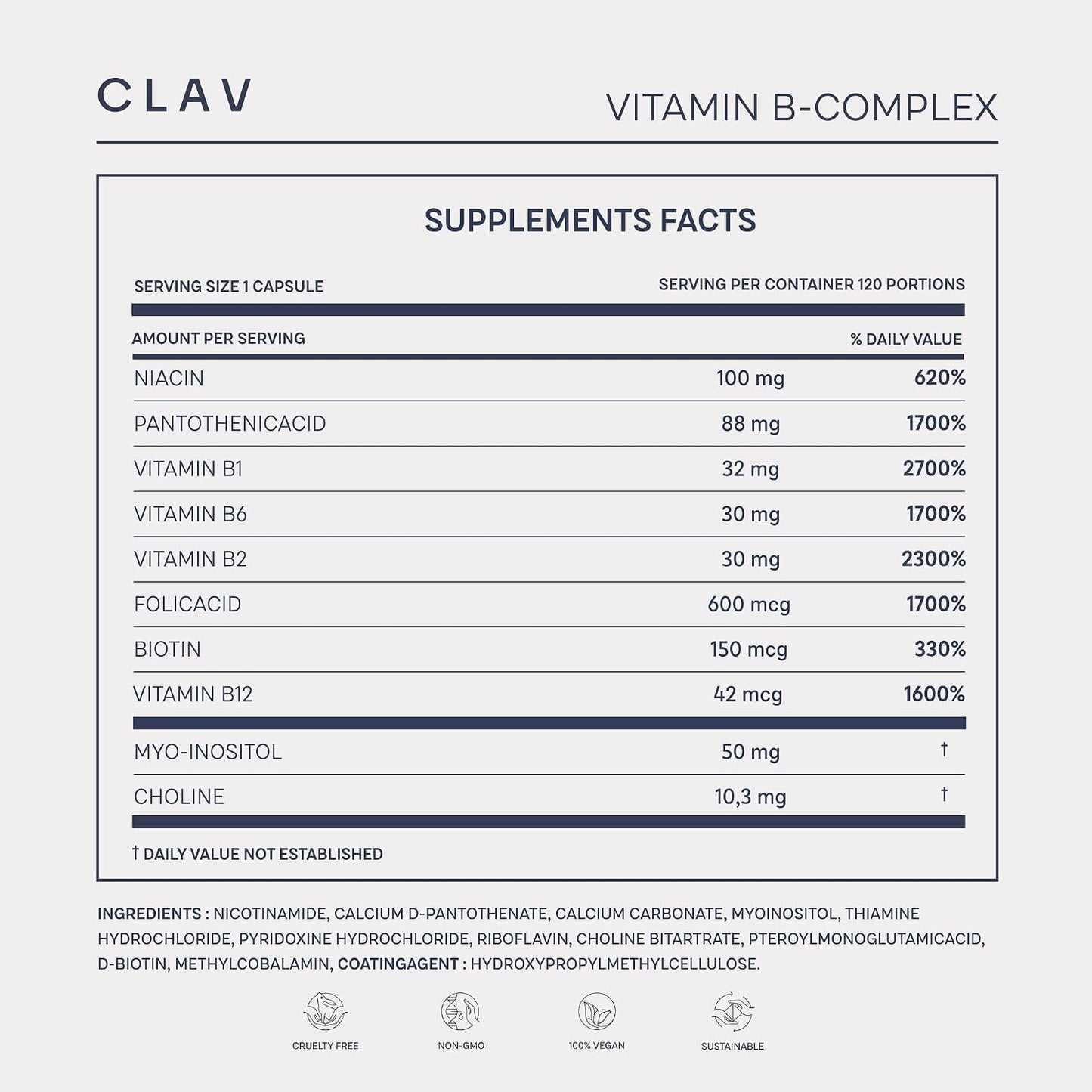 CLAV Vitamin B Complex - 120 Capsules - All 8 B Vitamins with Myo-Inositol & Choline - Supports Energy Metabolism - Vegan - Made in Germany - görsel 8