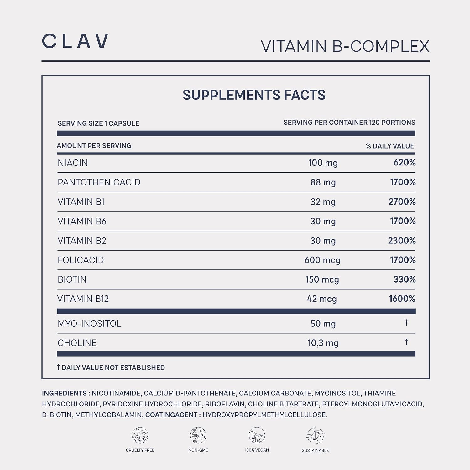 CLAV Vitamin B Complex - 120 Capsules - All 8 B Vitamins with Myo-Inositol & Choline - Supports Energy Metabolism - Vegan - Made in Germany - görsel 8