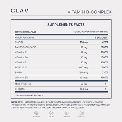 CLAV Vitamin B Complex - 120 Capsules - All 8 B Vitamins with Myo-Inositol & Choline - Supports Energy Metabolism - Vegan - Made in Germany