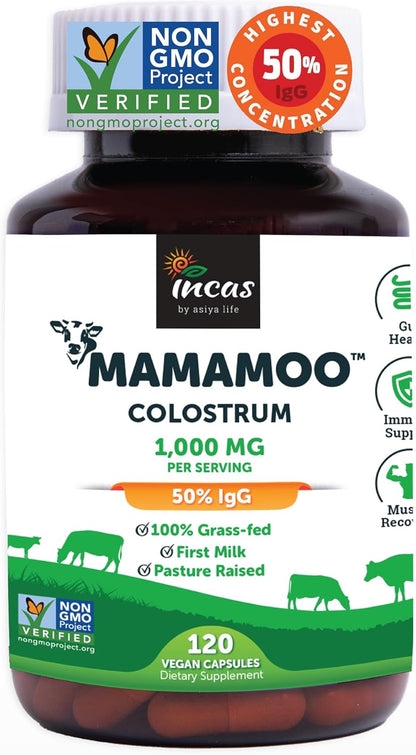 MamaMoo Colostrum Powder - Grass Fed, Non-GMO Verified, >50% IgG (120 Capsules)