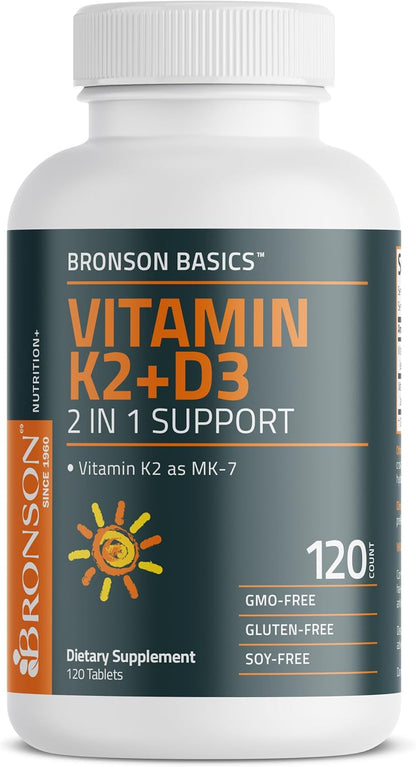 Bronson Vitamin K2 D3 (MK7) Supplement Non-GMO Formula Vitamin D3 5000 IU (125 mcg) & 90 mcg K2 MK-7, Easy to Swallow D & K Complex, 120 Tablets